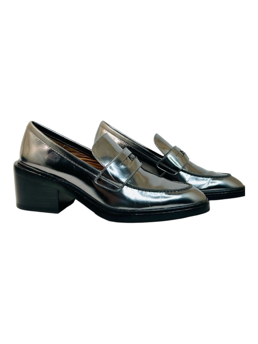 Coach Heath Block Heel Penny Loafer Mirror Metallic Leather size 9 EUC